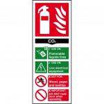 The photo shows a Spectrum Industrial Fire Extinguisher sign, specifically for a CO2 1.2mm extinguisher. Made out of recyclable PP material, the sign measures 82 x 202mm in size and is labeled with the number 12311.