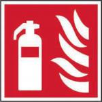 The photograph features a sturdy, square sign with bright red and white colors. The words Fire Extinguisher and a symbol of a fire extinguisher are clearly displayed in large, bold font. The sign is made of self-adhesive vinyl and measures 200mm x 200mm. The background is a neutral color, making the sign highly visible and eye-catching. It is perfect for industrial settings and can help identify the locations of fire extinguishers.