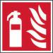 The picture shows a Spectrum Industrial Fire Extinguisher sign featuring the fire extinguisher symbol. Made from 1.2mm recyclable PP material, the sign measures 200 x 200mm and is suitable for fire safety purposes.