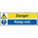 The picture shows a brightly-colored Spectrum Industrial Danger Sign with the words Danger Keep Out printed in bold font. The sign is made of sturdy 1.2mm recyclable PP material and measures 600 x 200mm. The background has a diagonal striped pattern in red and white, while the text and illustrations are in black and yellow. The sign has rounded corners and four pre-drilled holes for easy installation.