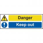 This image shows a bright yellow industrial danger sign from Spectrum with the words Danger Keep Out in bold black letters. It is made of self-adhesive vinyl and measures 300mm x 100mm. The signs design features a black and white striped triangular caution symbol in the center.