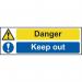 This image shows a bright yellow industrial danger sign from Spectrum with the words Danger Keep Out in bold black letters. It is made of self-adhesive vinyl and measures 300mm x 100mm. The signs design features a black and white striped triangular caution symbol in the center.