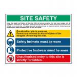This photograph features a Spectrum Industrial Safety Signs Site Safety Composite made of 1.2mm recyclable PP, measuring 800 x 600mm. This version is specific to Ireland. The sign is visually striking with bold lettering and vibrant colors, easy to read and highly visible. It showcases important safety information in a professional and clear manner.