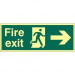 Fire Exit Sign with running man and arrow right (400 x 150mm). Made from 1.3mm rigid photoluminescent board (PHO) and is self adhesive.