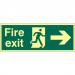 Fire Exit Sign with running man and arrow right (400 x 150mm). Made from 1.3mm rigid photoluminescent board (PHO) and is self adhesive. 12410