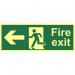 The photograph shows a Spectrum Industrial Fire Safety Sign with the words Fire Exit and a large arrow pointing left. The sign is made of 1.3mm rigid material and is self-adhesive. It also has photoluminescent properties, making it visible in low light. The sign measures 400mm by 150mm.