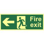 Fire Exit Sign with running man and arrow left (400 x 150mm). Made from 1.3mm rigid photoluminescent board (PHO) and is self adhesive. 12411