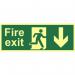 A bright orange and black industrial fire safety sign with a man pointing down and the words Fire Exit clearly visible. The sign is made of 1.3mm rigid self adhesive photoluminescent material and measures 400mm by 150mm. Perfect for directing people towards the nearest exit in the event of a fire.