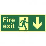 Fire Exit Sign with running man and arrow down (400 x 150mm). Made from 1.3mm rigid photoluminescent board (PHO) and is self adhesive.