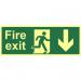 Fire Exit Sign with running man and arrow down (400 x 150mm). Made from 1.3mm rigid photoluminescent board (PHO) and is self adhesive. 12413