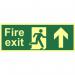 A bold, bright red and white sign featuring the iconic man arrow up symbol, designed for fire safety and emergency exits in industrial settings. The 1.3mm rigid self adhesive material ensures durability, while the photoluminescent feature makes it easily visible even in low light conditions. Measuring at 400mm x 150mm, this sign is perfect for industrial fire safety protocols.