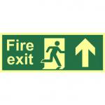 Fire Exit Sign with running man and arrow up (400 x 150mm). Made from 1.3mm rigid photoluminescent board (PHO) and is self adhesive.