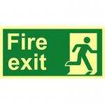 The image shows a bright red and white industrial fire safety sign, with a man running to the right, indicating a fire exit. The sign is 300mm x 150mm in size and is made of 1.3mm rigid self-adhesive photoluminescent material. It is highly visible and provides clear guidance in case of an emergency.