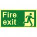 The image shows a bright red and white industrial fire safety sign, with a man running to the right, indicating a fire exit. The sign is 300mm x 150mm in size and is made of 1.3mm rigid self-adhesive photoluminescent material. It is highly visible and provides clear guidance in case of an emergency.