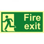 Fire Exit Man Left sign (300 x 150mm). Made from 1.3mm rigid photoluminescent board (PHO) and is self adhesive.