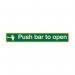 The photo shows a high-quality Spectrum Industrial Safety Signs Push Bar To Open Sign. It is made of 1.3mm rigid self-adhesive photoluminescent material and measures 300mm x 100mm. The sign has clear and bold text with universal symbols, providing clear instructions and enhanced visibility in low light conditions.