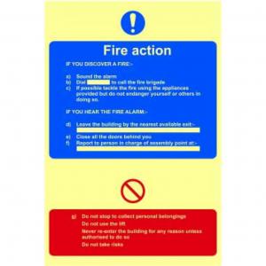 Fire Action Procedure Sign, 1.3mm Rigid Self Adhesive Photoluminescent