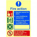 This image displays a Spectrum Industrial Fire Safety Sign, specifically the Fire Action Procedure Sign. Made of 1.3mm rigid self adhesive photoluminescent material, it measures 200mm by 300mm. The sign features clear text and graphics to communicate instructions for proper fire response.