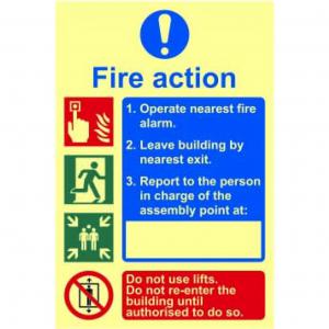 Fire Action Procedure Sign, 1.3mm Rigid Self Adhesive Photoluminescent