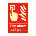 The picture shows a Spectrum Industrial Fire Safety Sign featuring a bold Fire Alarm call point symbol on a 1.3mm rigid self adhesive photoluminescent background. The sign measures 200mm x 300mm and is suitable for industrial use.