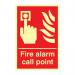 The picture shows a Spectrum Industrial Fire Safety Sign featuring a bold Fire Alarm call point symbol on a 1.3mm rigid self adhesive photoluminescent background. The sign measures 200mm x 300mm and is suitable for industrial use.