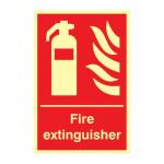 The photo shows a bright red Spectrum Industrial fire extinguisher sign, measuring 200 x 300mm, with bold white lettering and photoluminescent coating for visibility in low light.