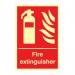 The photo shows a bright red Spectrum Industrial fire extinguisher sign, measuring 200 x 300mm, with bold white lettering and photoluminescent coating for visibility in low light.