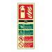 The image shows three industrial fire extinguisher signs in the shape of a rectangular label. The sign is made of 1.3mm rigid material with self-adhesive backing. The main text reads FIRE EXTINGUISHER CO2 with a smaller text below indicating it is a photoluminescent sign. The dimensions of the sign are 82mm x 202mm.