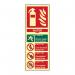This photograph shows a spectrum of industrial fire extinguisher signs, including a water sign. The signs are made of 1.3mm rigid self-adhesive photoluminescent material and measure 82mm x 202mm.