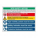 This photo depicts a Spectrum Industrial Safety Signs Site Safety Composite, made of 1.2mm recyclable PP and measuring 800 x 600mm. The sign features Irish language text and is designed for safety in an industrial setting. The vibrant colors and clear graphics make it easily visible and eye-catching.