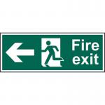 In the picture, there is a Spectrum Industrial Fire Safety Sign for Fire Exit with a man pointing left. It is made of self-adhesive vinyl and measures 300mm x 100mm. The sign has a clear and visible design for easy identification.