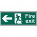 In the picture, there is a Spectrum Industrial Fire Safety Sign for Fire Exit with a man pointing left. It is made of self-adhesive vinyl and measures 300mm x 100mm. The sign has a clear and visible design for easy identification.