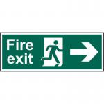 The image features a Spectrum Industrial Fire Safety Sign with the words Fire Exit and a man facing right, printed on self-adhesive vinyl. The sign measures 300mm x 100mm and is designed for fire safety purposes.