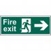 The image features a Spectrum Industrial Fire Safety Sign with the words Fire Exit and a man facing right, printed on self-adhesive vinyl. The sign measures 300mm x 100mm and is designed for fire safety purposes.