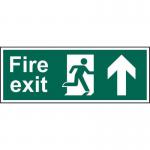 The photo shows a vibrant Spectrum Industrial Fire Safety Signs Fire Exit sign featuring a man with an upward arrow, made of self-adhesive vinyl measuring at 300mm x 100mm. The bright colors present an eye-catching display, promoting a clear and visible fire exit.