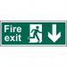 The photograph captures a Spectrum Industrial Fire Safety Sign featuring a bold red and white design with a man arrow down symbol. Its self-adhesive vinyl material and 300mm x 100mm size make it suitable for any fire exit location.
