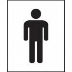 In this photograph, we see a shiny metal male symbol sign with white lettering on a blue background. The sign is on a door and has a self-adhesive vinyl backing. The dimensions of the sign are 200mm x 250mm. It appears to be mounted in an industrial washroom setting.