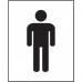 In this photograph, we see a shiny metal male symbol sign with white lettering on a blue background. The sign is on a door and has a self-adhesive vinyl backing. The dimensions of the sign are 200mm x 250mm. It appears to be mounted in an industrial washroom setting.