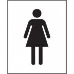 This photo shows a light blue and white washroom sign with a female symbol on it. The sign is made of self-adhesive vinyl and measures 200mm x 250mm.