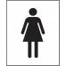 This photo shows a light blue and white washroom sign with a female symbol on it. The sign is made of self-adhesive vinyl and measures 200mm x 250mm.