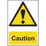 This picture features a set of Spectrum Industrial Caution Signs made from 1.2mm recyclable PP material. Each sign measures 200 x 300mm and is marked with the word Caution in bold letters. The bright yellow color and simple design make these signs highly visible and easy to understand, making them an essential addition to any industrial setting.