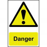 The photograph captures a set of Spectrum Industrial Danger Signs, made from 1.2mm thick, recyclable PP material. Each sign measures 200 x 300mm and prominently displays the word Danger in bold lettering. The bright yellow background immediately draws attention, while the black symbols convey clear warnings and instructions. These signs are perfect for alerting and reminding individuals of potential hazards in industrial settings.