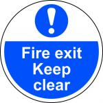 Fire Exit Keep Clear Floor Graphic adheres to most smooth; clean flat surfaces and provides a durable long lasting safety message. 400mm diameter. 13026