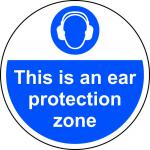 This Is An Ear Protection Zone Floor Graphic adheres to most smooth; clean flat surfaces & provides a durable long lasting safety message. 400mm dia.
