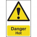 This picture shows a bright yellow Spectrum Industrial Danger Sign with the words Danger Hot in bold red letters. Made of 1.2mm recyclable polypropylene, it measures 200 x 300mm. The sign features clear pictograms and text to indicate a potentially dangerous situation.