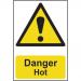 This picture shows a bright yellow Spectrum Industrial Danger Sign with the words Danger Hot in bold red letters. Made of 1.2mm recyclable polypropylene, it measures 200 x 300mm. The sign features clear pictograms and text to indicate a potentially dangerous situation.