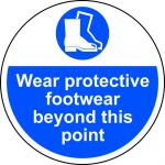 Wear Protective Footwear Floor Graphic adheres to most smooth; clean flat surfaces and provides a durable long lasting safety message. 400mm diameter.