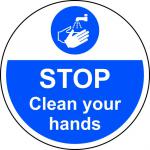 Stop Clean Your Hands Floor Graphic adheres to most smooth; clean flat surfaces and provides a durable long lasting safety message. 400mm diameter.