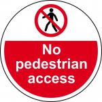 The picture features a circular industrial floor graphic with the words No Pedestrian Access in bold lettering. The graphic is anti-slip and laminated for durability, with a diameter of 400mm. The design is part of the Spectrum collection.