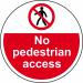 The picture features a circular industrial floor graphic with the words No Pedestrian Access in bold lettering. The graphic is anti-slip and laminated for durability, with a diameter of 400mm. The design is part of the Spectrum collection.